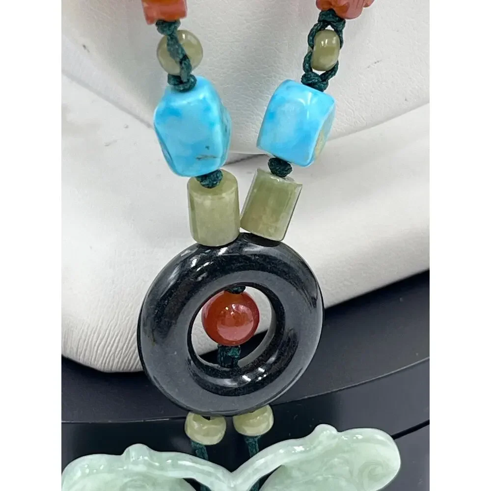Jadeite Butterfly Carnelian Turquoise Beaded Hand Knotted‎ Green Cord Necklace